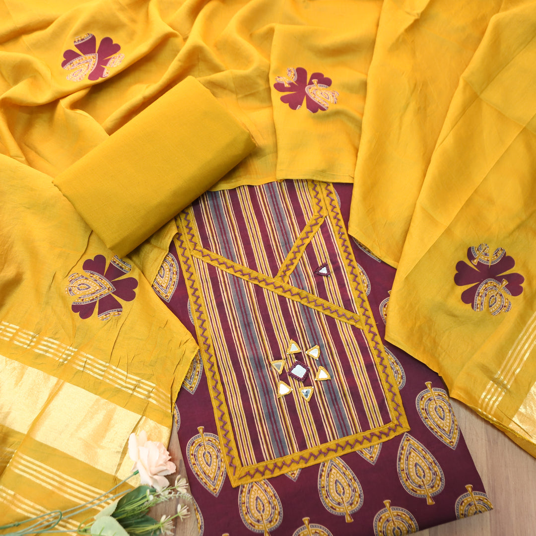 Falguni Wine Purple Angrakha Neck with Mirror Work Ajrakh Cotton Set