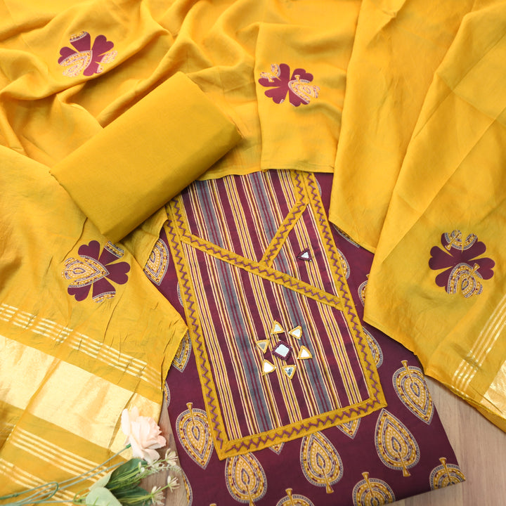 Falguni Wine Purple Angrakha Neck with Mirror Work Ajrakh Cotton Set