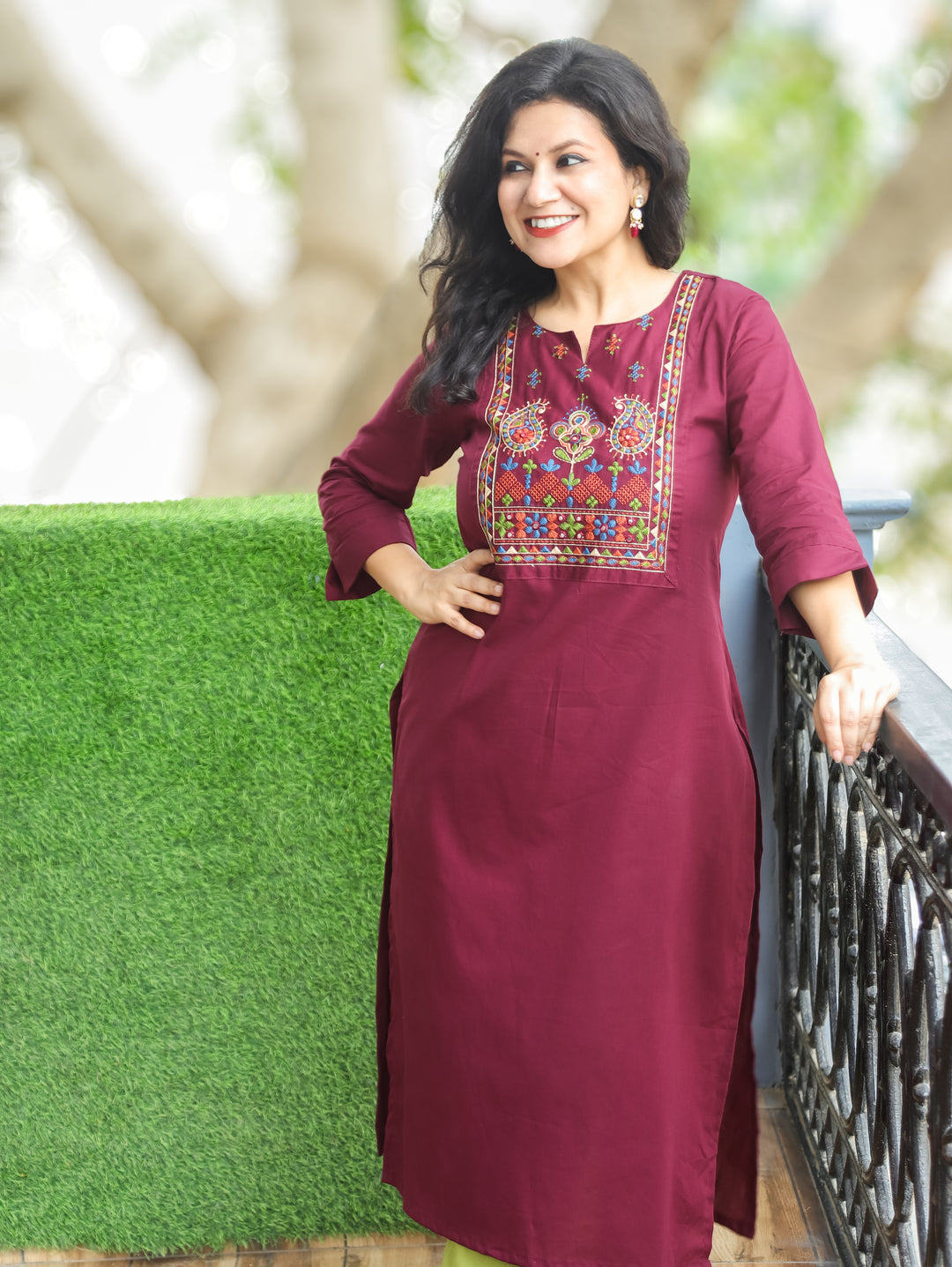 Hayat Wine Purple Emroidered Work Cotton Kurti