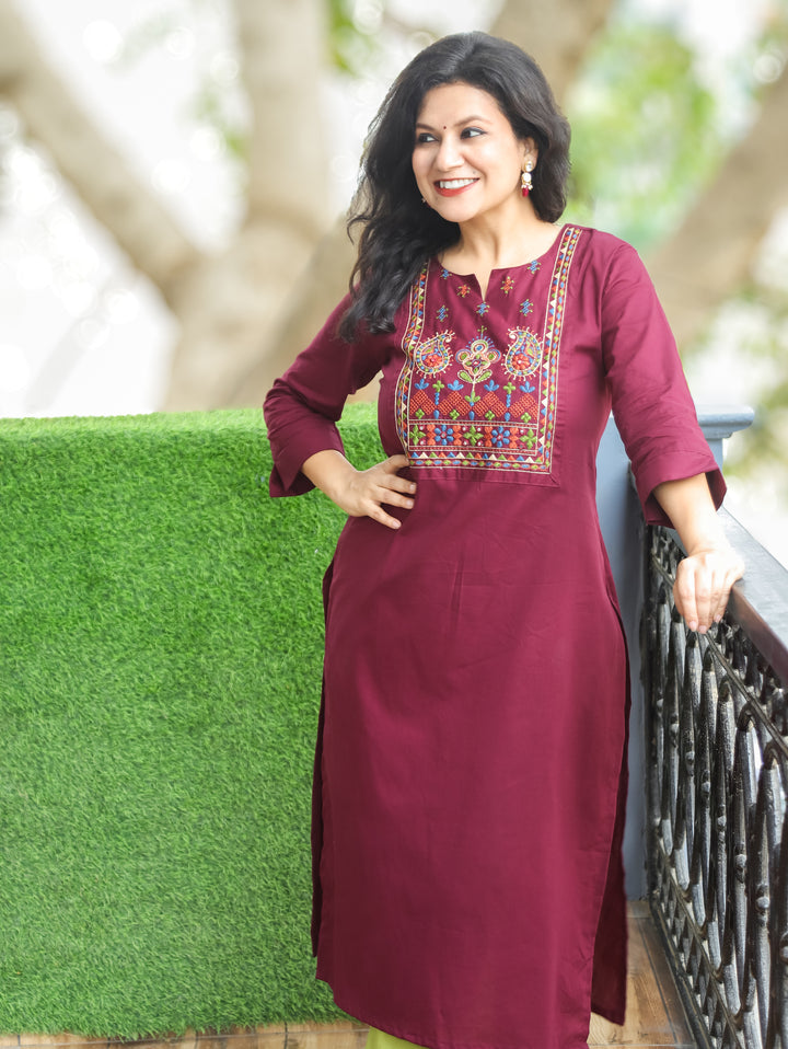 Hayat Wine Purple Emroidered Work Cotton Kurti