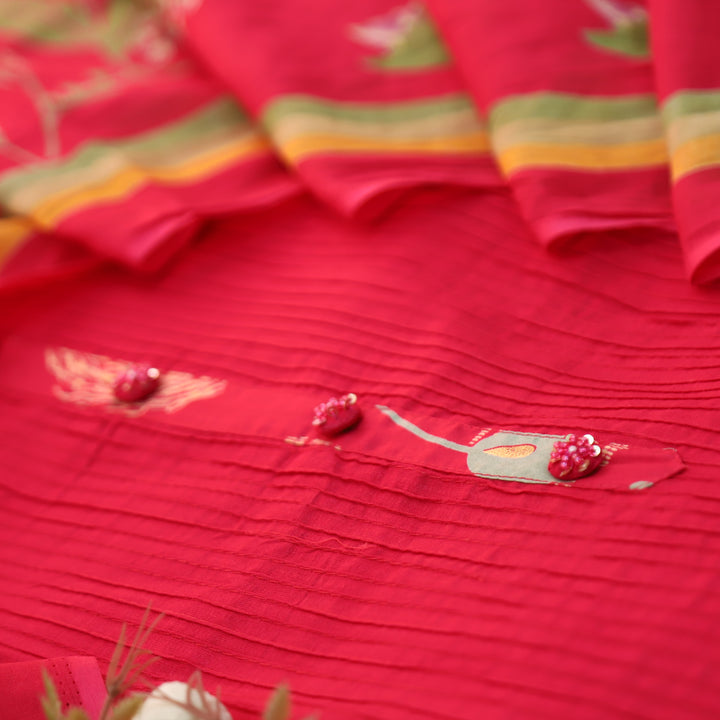 Aafeemi Rani Pink with Button Work Patch in Pintuck Work Cotton Suit Set
