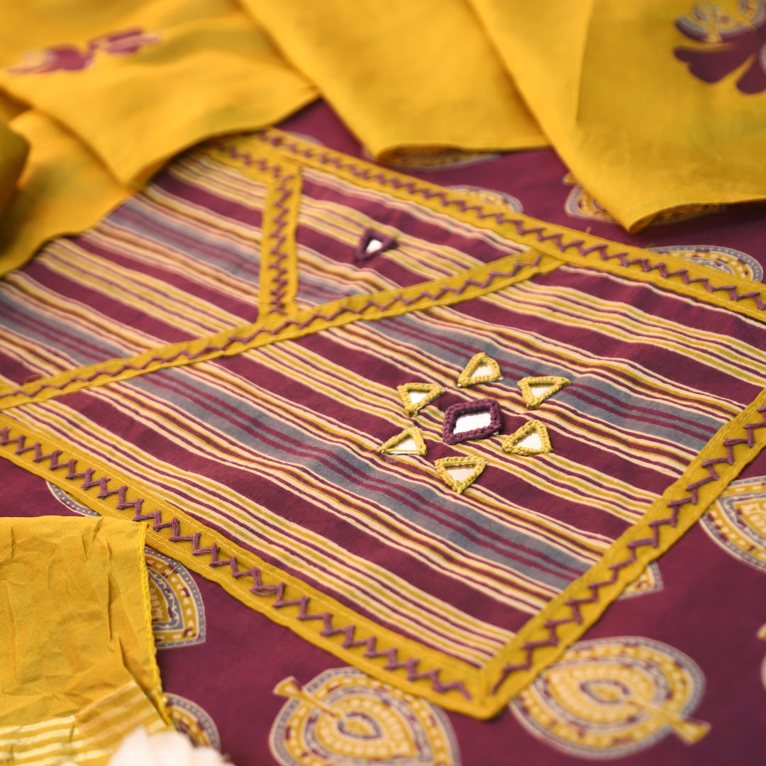 Falguni Wine Purple Angrakha Neck with Mirror Work Ajrakh Cotton Set