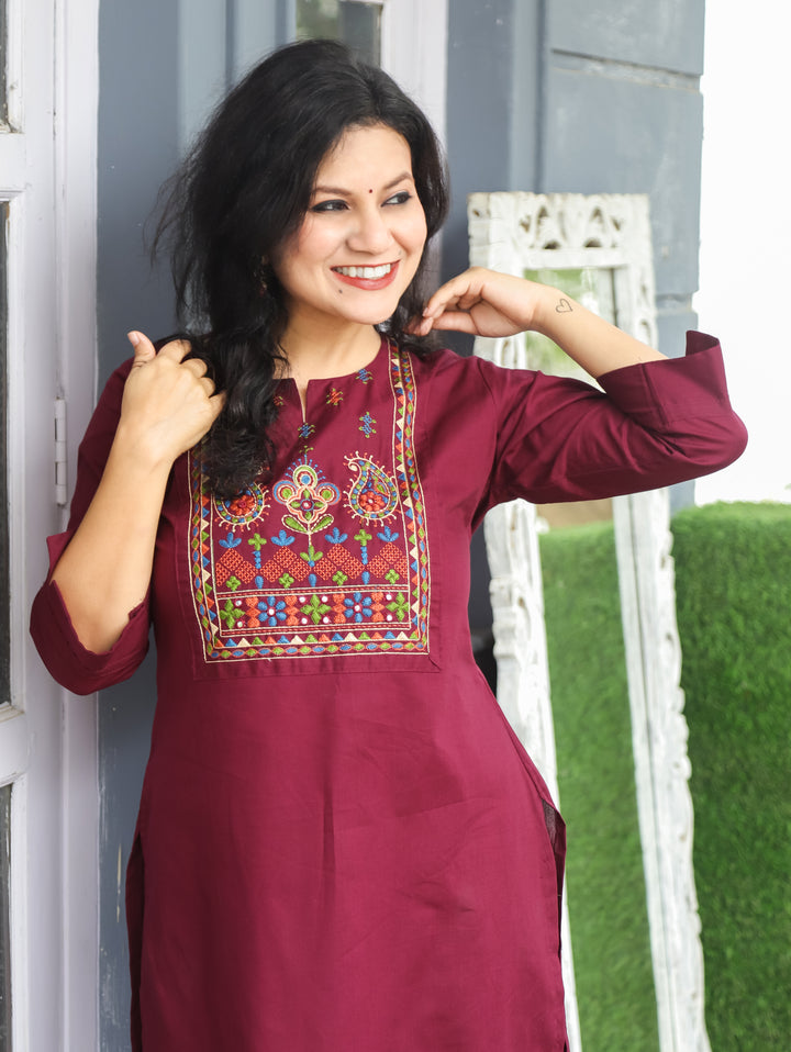 Hayat Wine Purple Emroidered Work Cotton Kurti