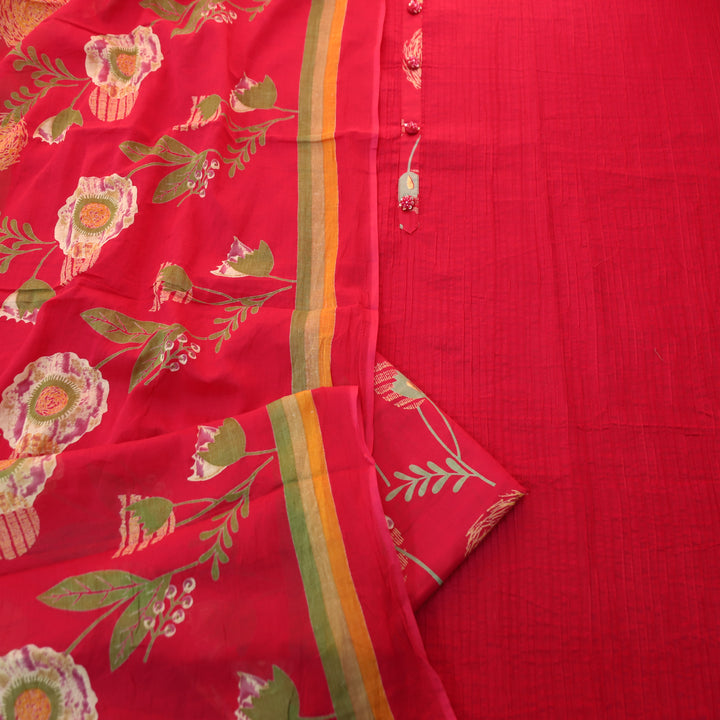 Aafeemi Rani Pink with Button Work Patch in Pintuck Work Cotton Suit Set