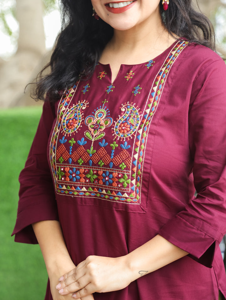 Hayat Wine Purple Emroidered Work Cotton Kurti