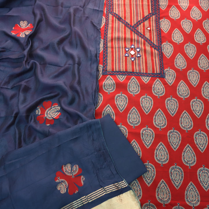 Falguni Berry Red Angrakha Neck with Mirror Work Ajrakh Cotton Set