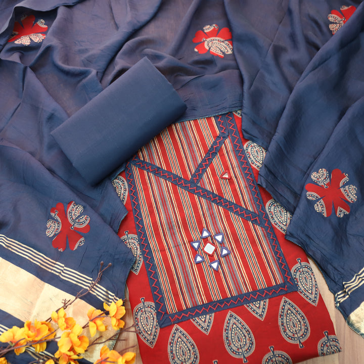 Falguni Berry Red Angrakha Neck with Mirror Work Ajrakh Cotton Set