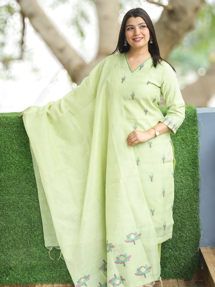 Samara Mint Green V Neck Pichwai Print Chanderi 3 Piece Set