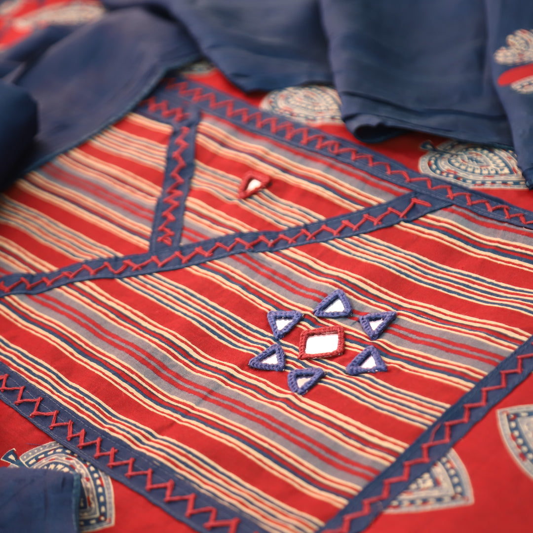 Falguni Berry Red Angrakha Neck with Mirror Work Ajrakh Cotton Set