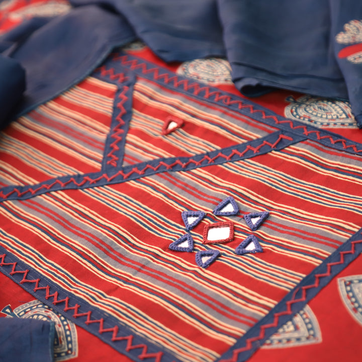 Falguni Berry Red Angrakha Neck with Mirror Work Ajrakh Cotton Set