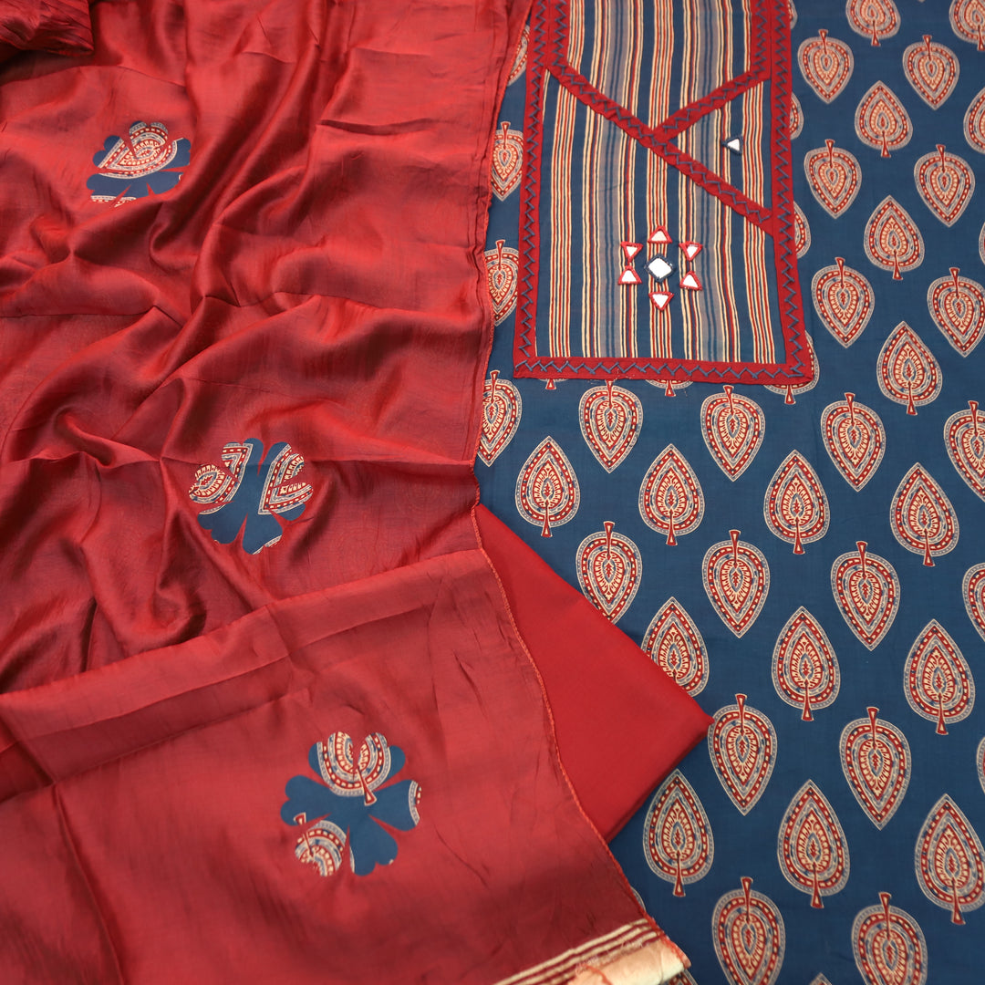 Falguni Denim Blue Angrakha Neck with Mirror Work Ajrakh Cotton Set