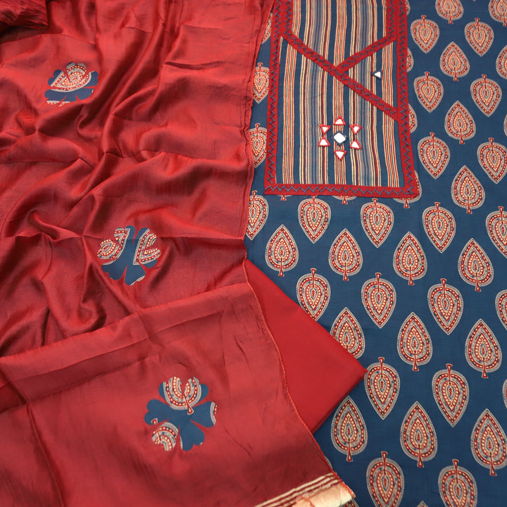 Falguni Denim Blue Angrakha Neck with Mirror Work Ajrakh Cotton Set