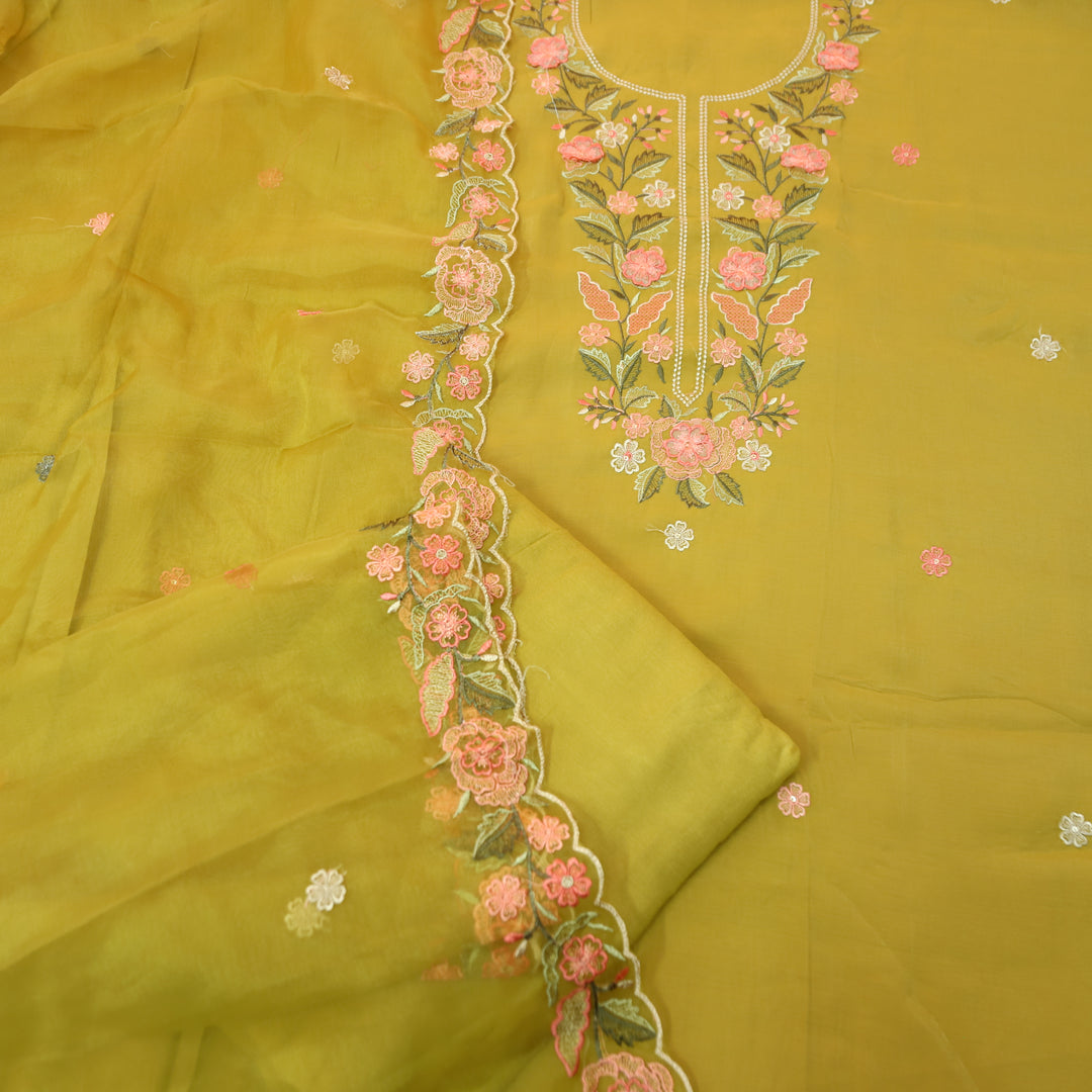 Hoor Dijon Yellow All Over Thread Embroidered Neck Work in Modal Suit Set