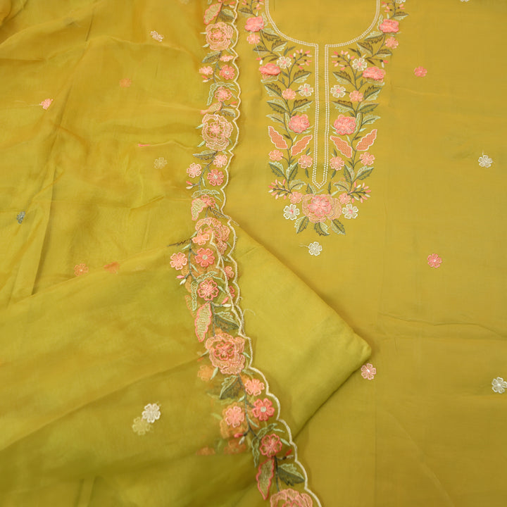 Hoor Dijon Yellow All Over Thread Embroidered Neck Work in Modal Suit Set