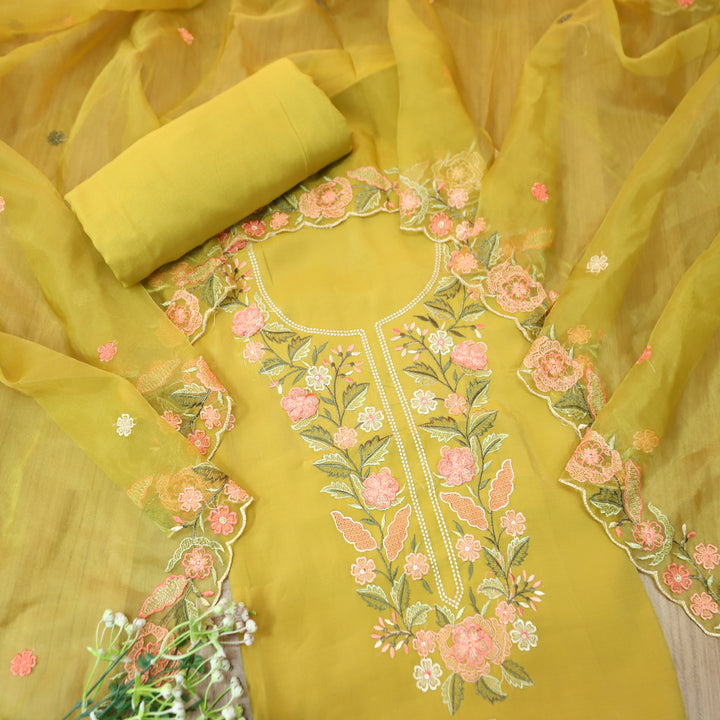 Hoor Dijon Yellow All Over Thread Embroidered Neck Work in Modal Suit Set