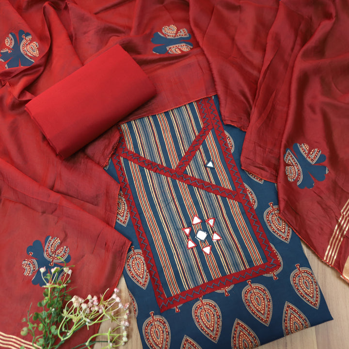 Falguni Denim Blue Angrakha Neck with Mirror Work Ajrakh Cotton Set