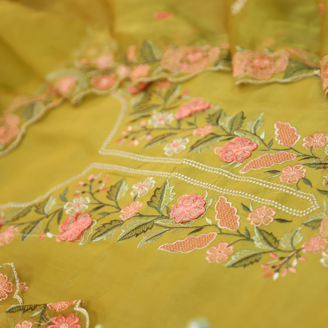 Hoor Dijon Yellow All Over Thread Embroidered Neck Work in Modal Suit Set