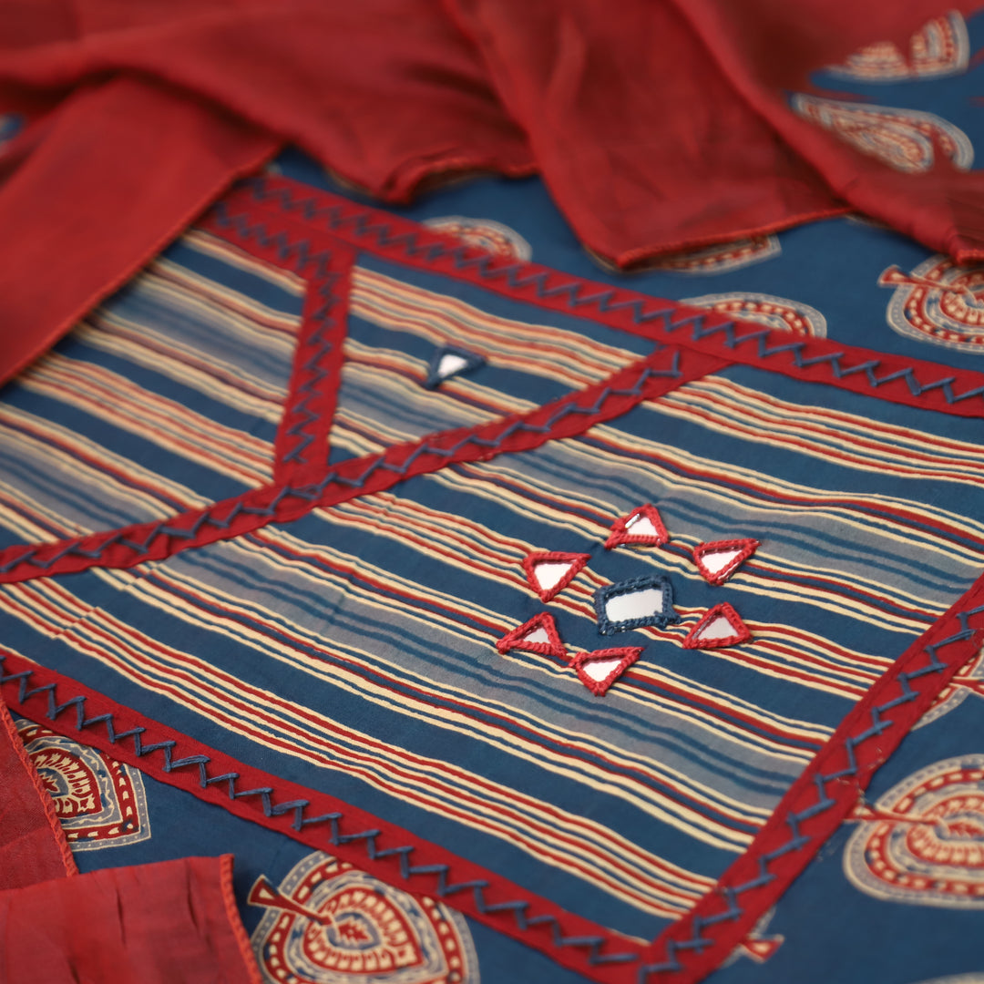 Falguni Denim Blue Angrakha Neck with Mirror Work Ajrakh Cotton Set