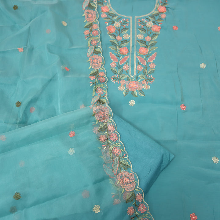 Hoor Castle Teal All Over Thread Embroidered Neck Work in Modal Suit Set