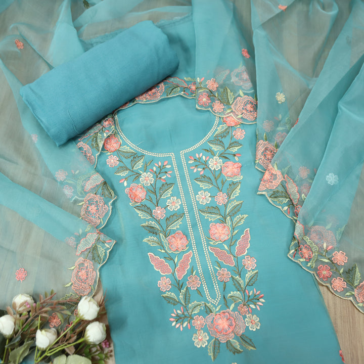 Hoor Castle Teal All Over Thread Embroidered Neck Work in Modal Suit Set