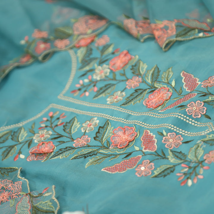 Hoor Castle Teal All Over Thread Embroidered Neck Work in Modal Suit Set