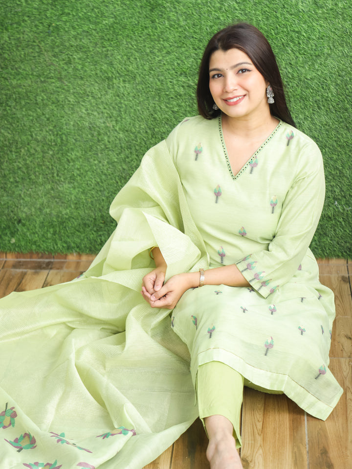 Samara Mint Green V Neck Pichwai Print Chanderi 3 Piece Set