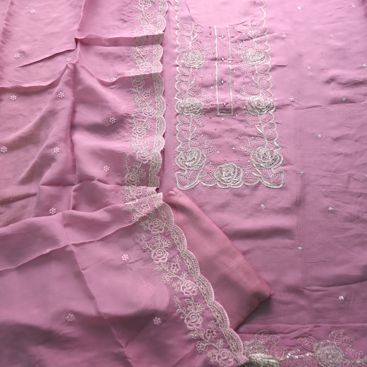 Rooh Lilac Mauve Embellished Neckline with Thread Work Organza Suit Set