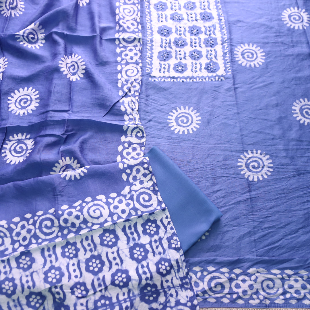 Kalyani  Faded Blue Fench Knot Batik Print Modal Set
