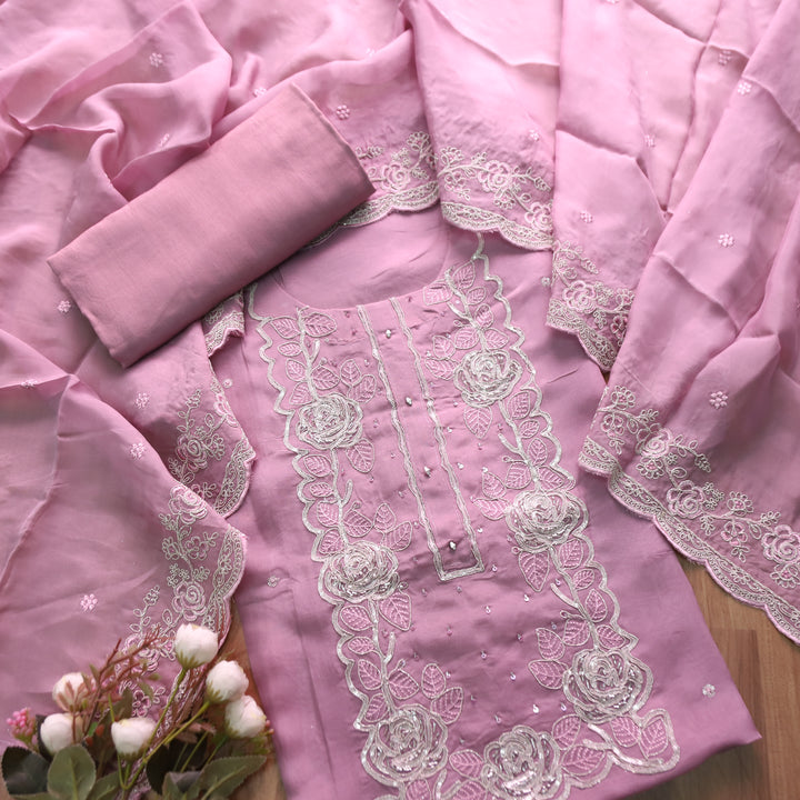 Rooh Lilac Mauve Embellished Neckline with Thread Work Organza Suit Set