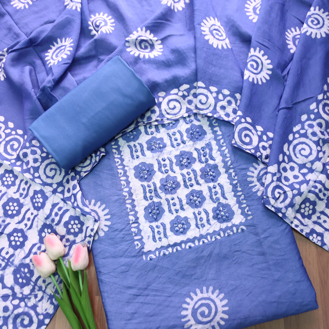 Kalyani  Faded Blue Fench Knot Batik Print Modal Set