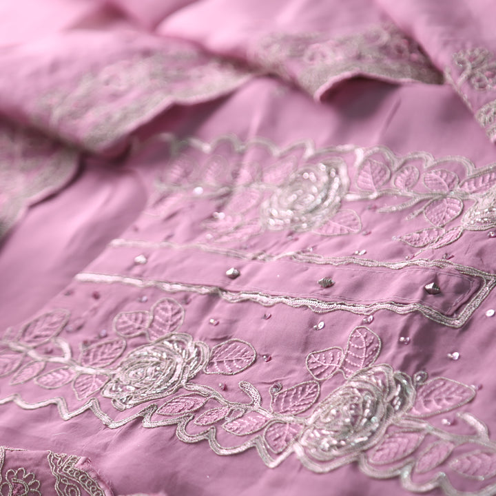 Rooh Lilac Mauve Embellished Neckline with Thread Work Organza Suit Set