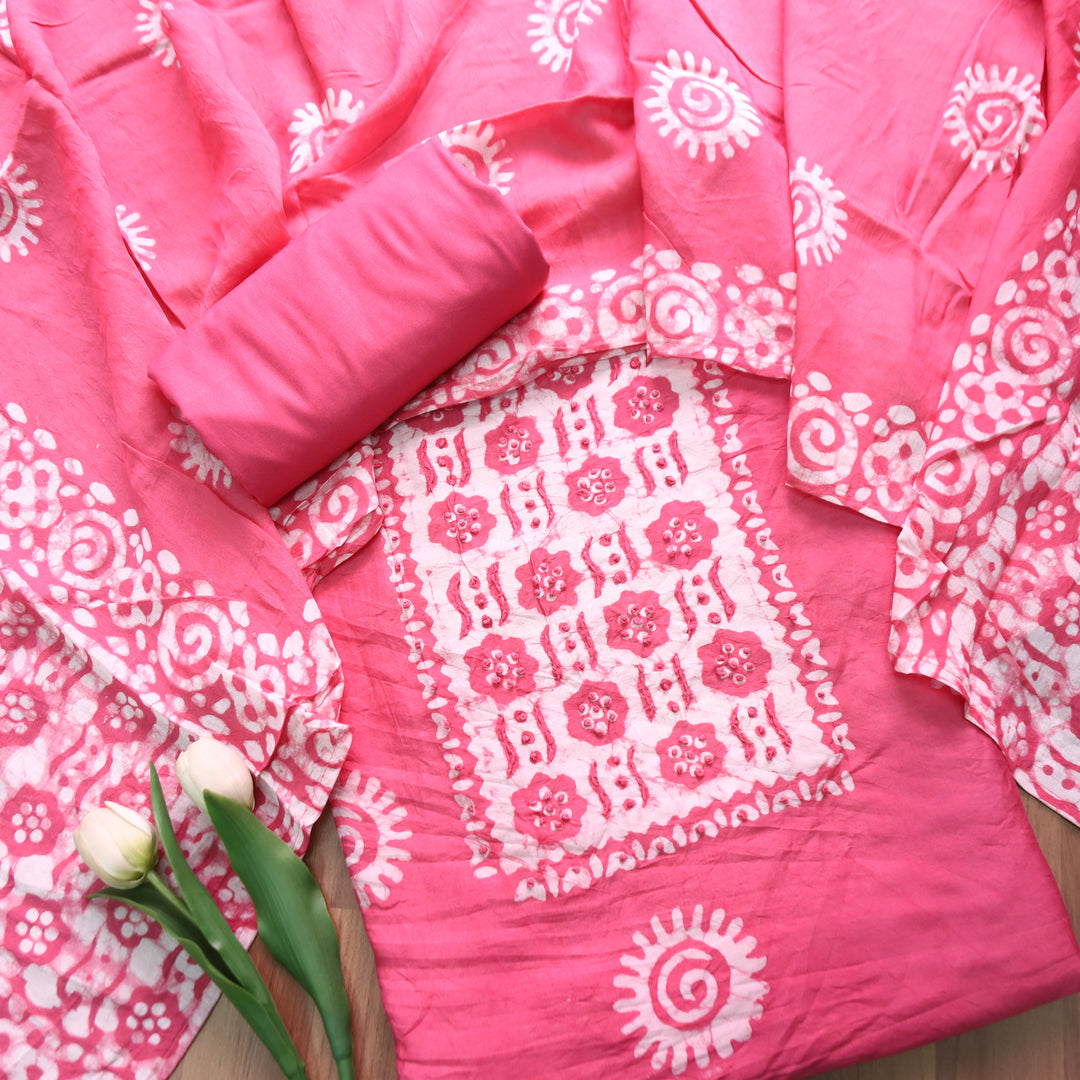 Kalyani  Candy Pink Fench Knot Batik Print Modal Set