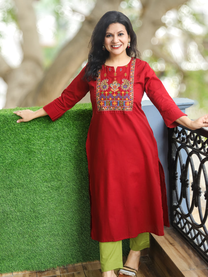 Hayat Cranberry Red Emroidered Work Cotton Kurti
