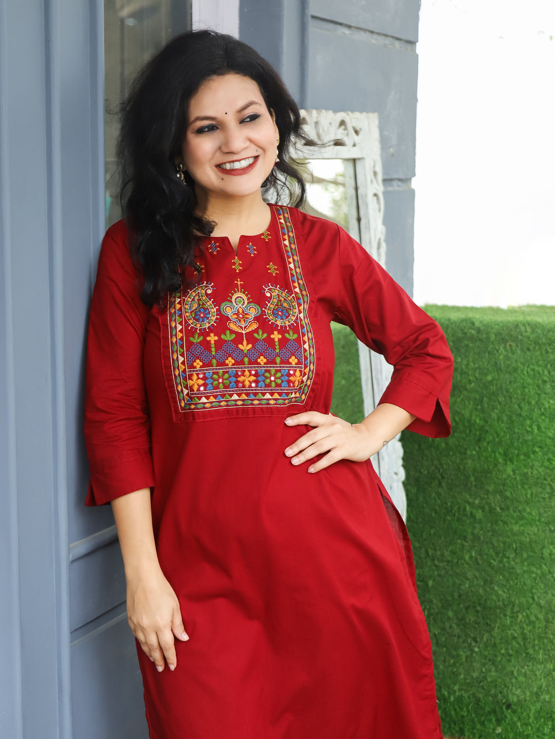 Hayat Cranberry Red Emroidered Work Cotton Kurti