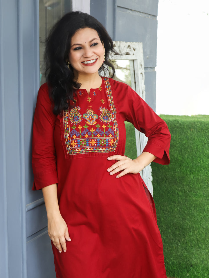 Hayat Cranberry Red Emroidered Work Cotton Kurti