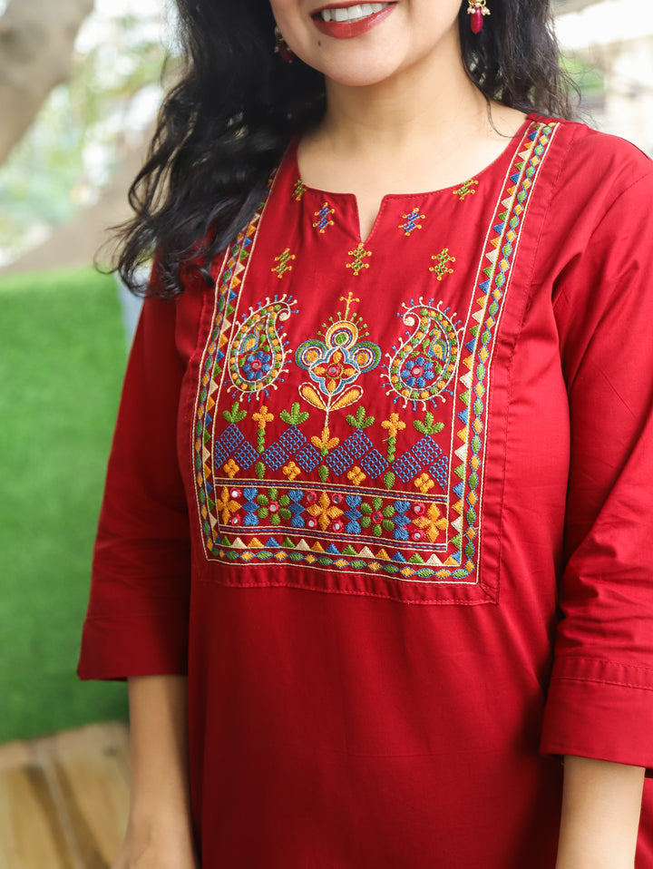 Hayat Cranberry Red Emroidered Work Cotton Kurti