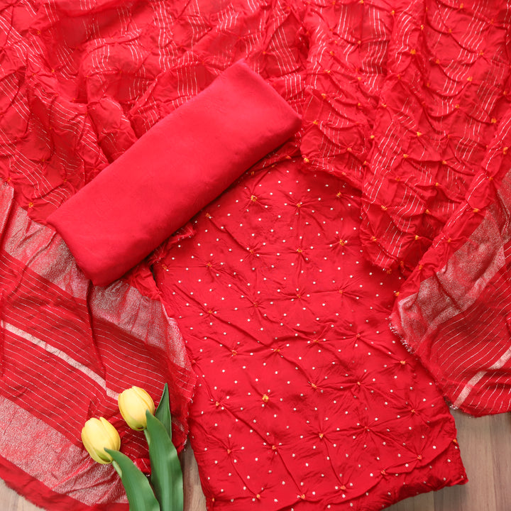 Naari Bride Red All Over Bandhej Work Crepe Silk Suit Set