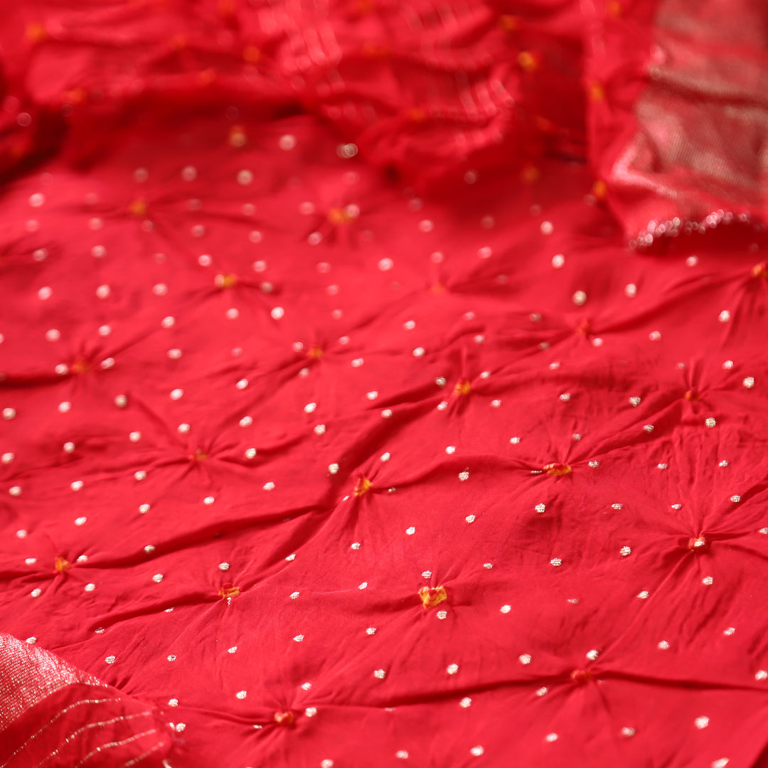 Naari Bride Red All Over Bandhej Work Crepe Silk Suit Set