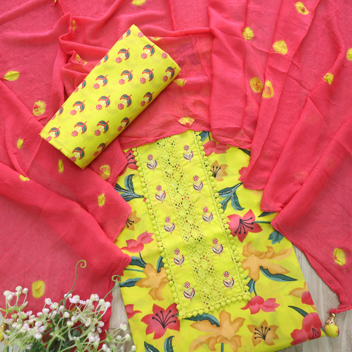 Darshanavi Neon Green Lace Patch Neck Work Floral Printed Cotton Suit Set