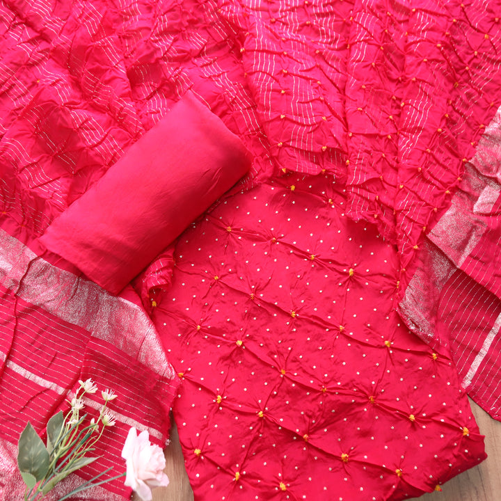 Naari Barbie Pink All Over Bandhej Work Crepe Silk Suit Set