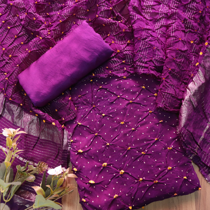 Naari Violet Purple All Over Bandhej Work Crepe Silk Suit Set