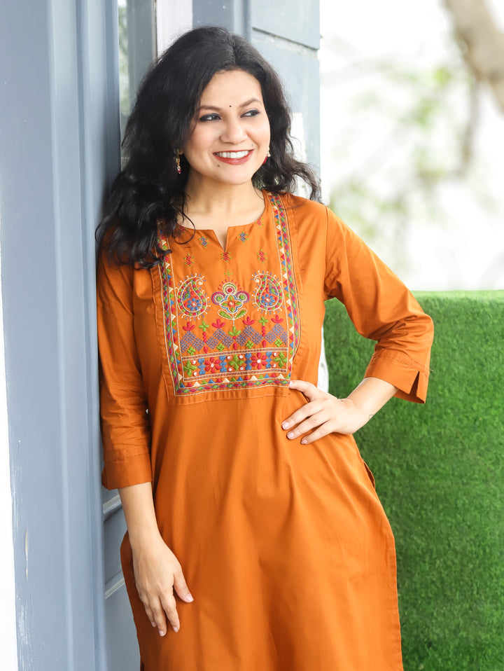 Hayat Rust Orange Emroidered Work Cotton Kurti