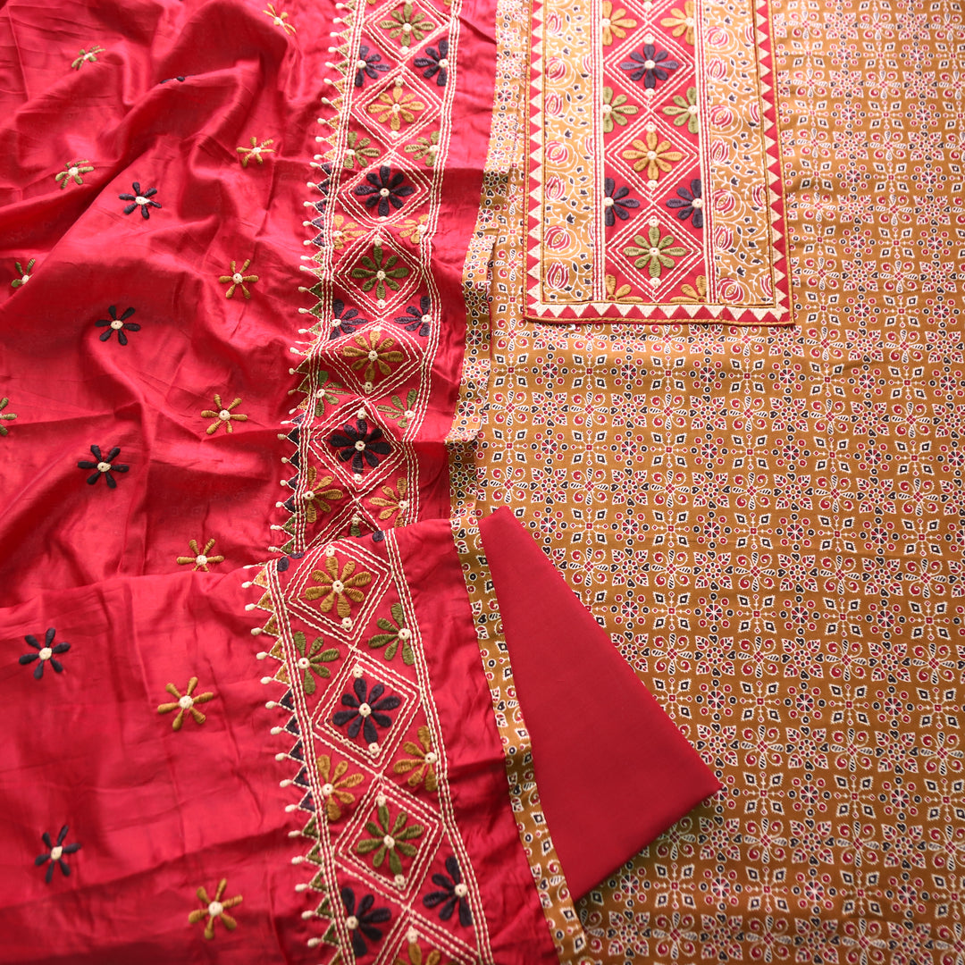 Naina Mustard Yellow Embroidered Neck Yoke with Ajrak Print Cotton Set