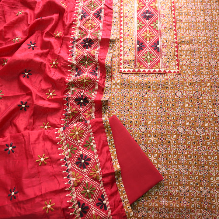 Naina Mustard Yellow Embroidered Neck Yoke with Ajrak Print Cotton Set