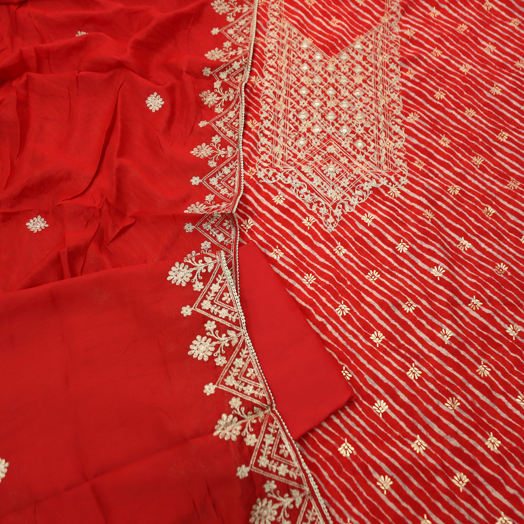 Maharani Bride Red Embsllished Neck with Mirror Work Leheriya Print Modal Set