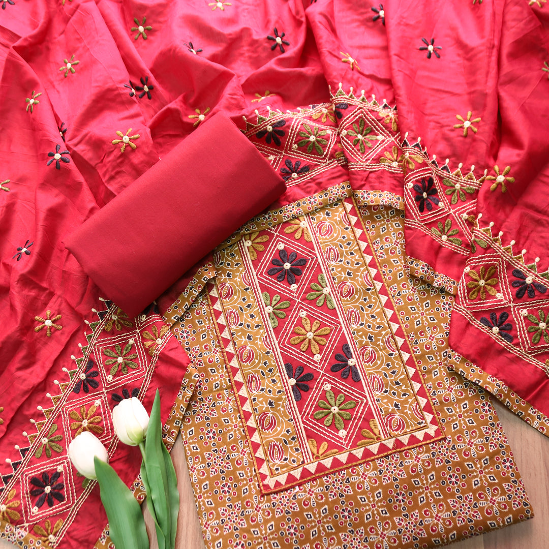 Naina Mustard Yellow Embroidered Neck Yoke with Ajrak Print Cotton Set