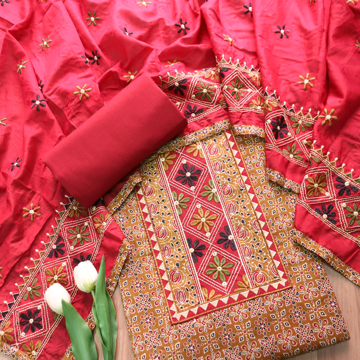 Naina Mustard Yellow Embroidered Neck Yoke with Ajrak Print Cotton Set