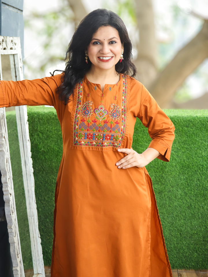 Hayat Rust Orange Emroidered Work Cotton Kurti