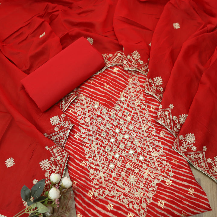 Maharani Bride Red Embsllished Neck with Mirror Work Leheriya Print Modal Set