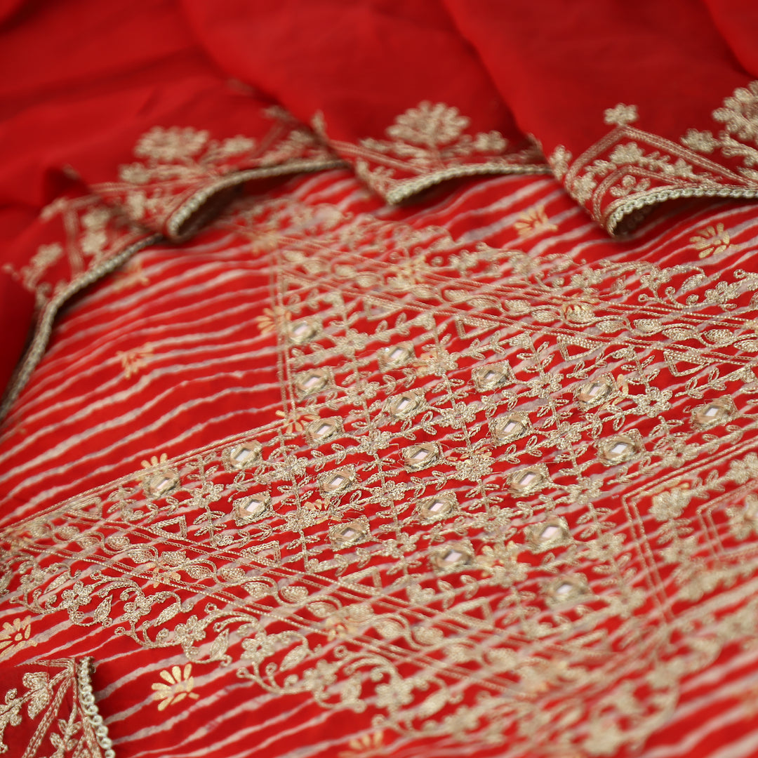 Maharani Bride Red Embsllished Neck with Mirror Work Leheriya Print Modal Set